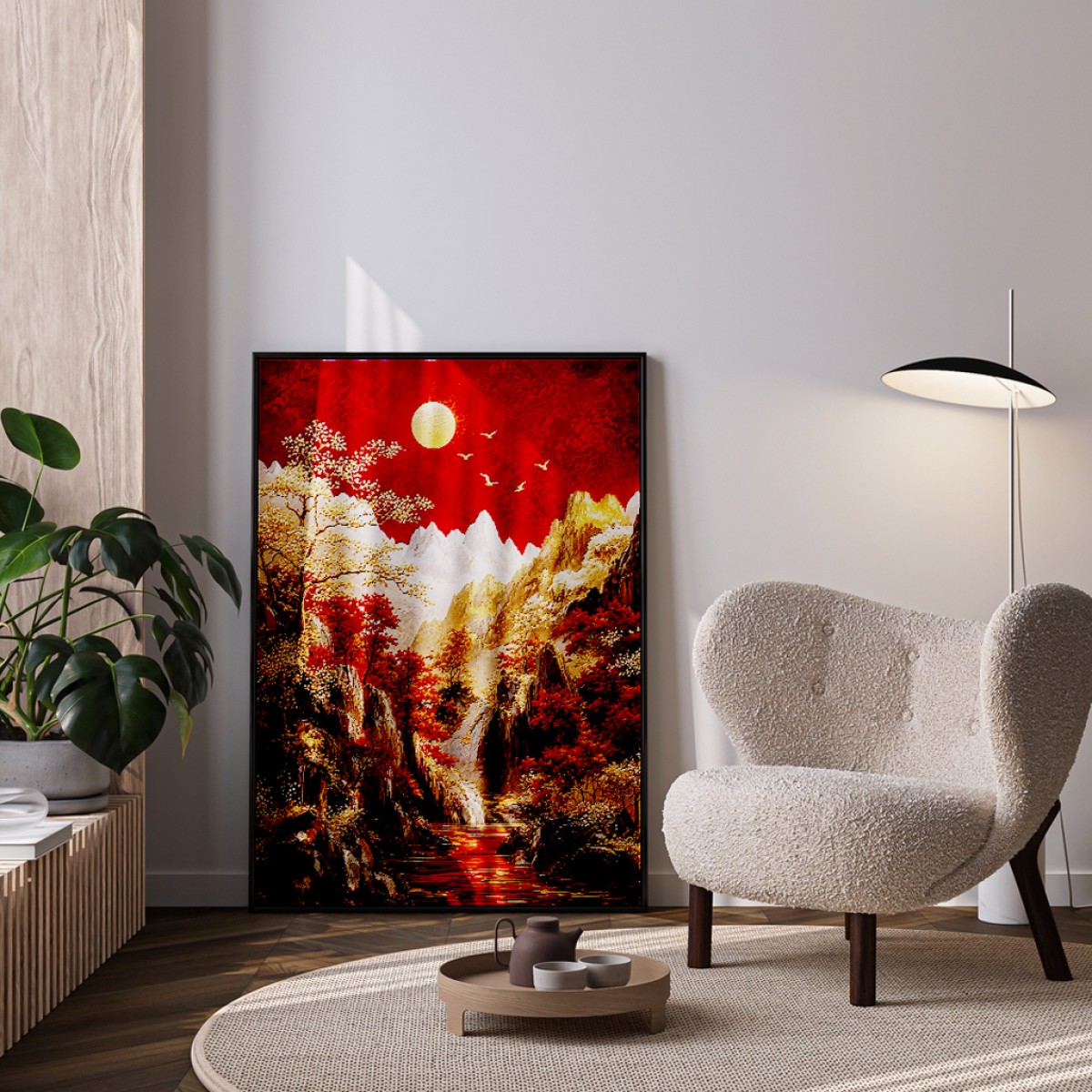 Vibrant Red & Gold Autumn Mountain Landscape Canvas Art