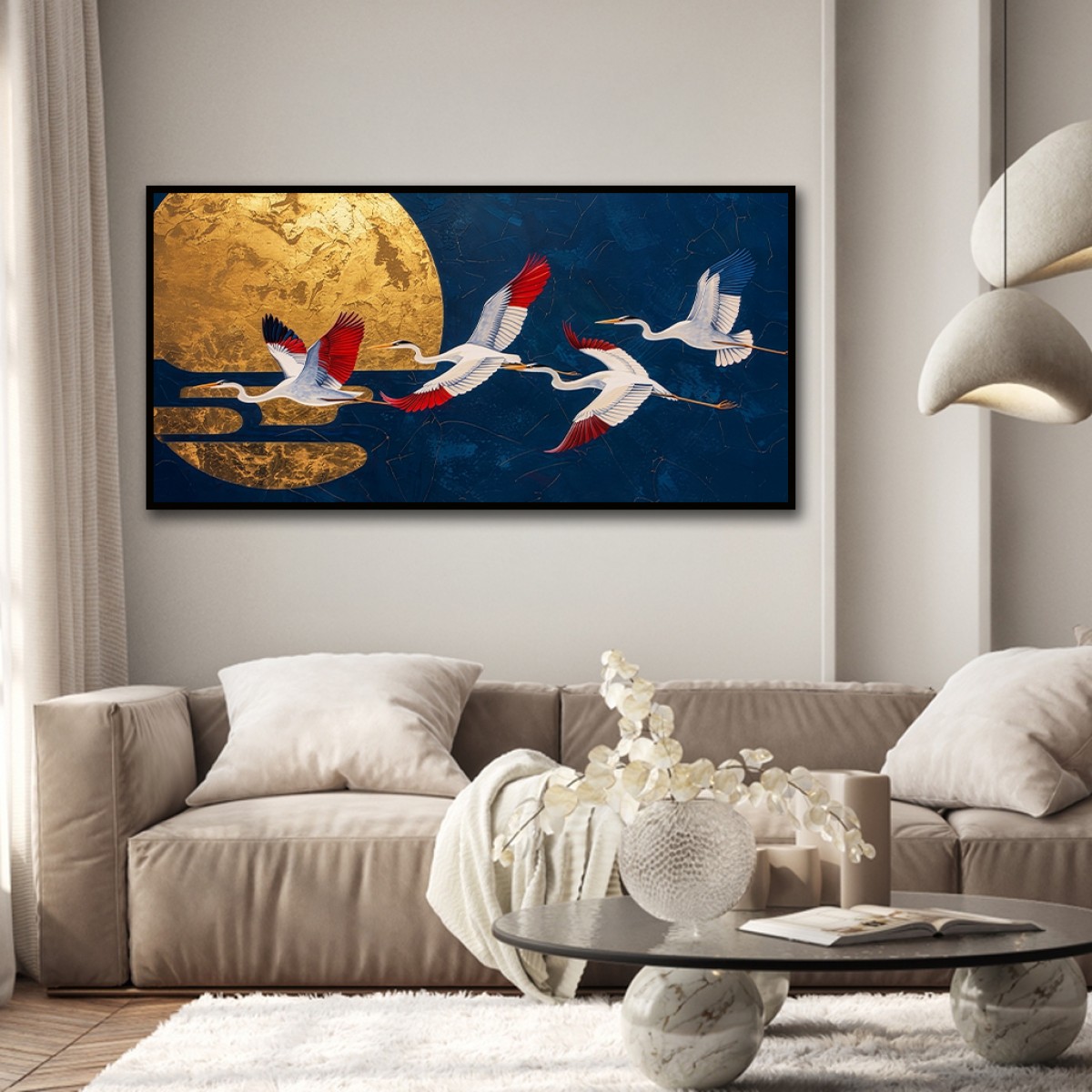 Panoramic Golden Moon & Flying Cranes Canvas Wall Art
