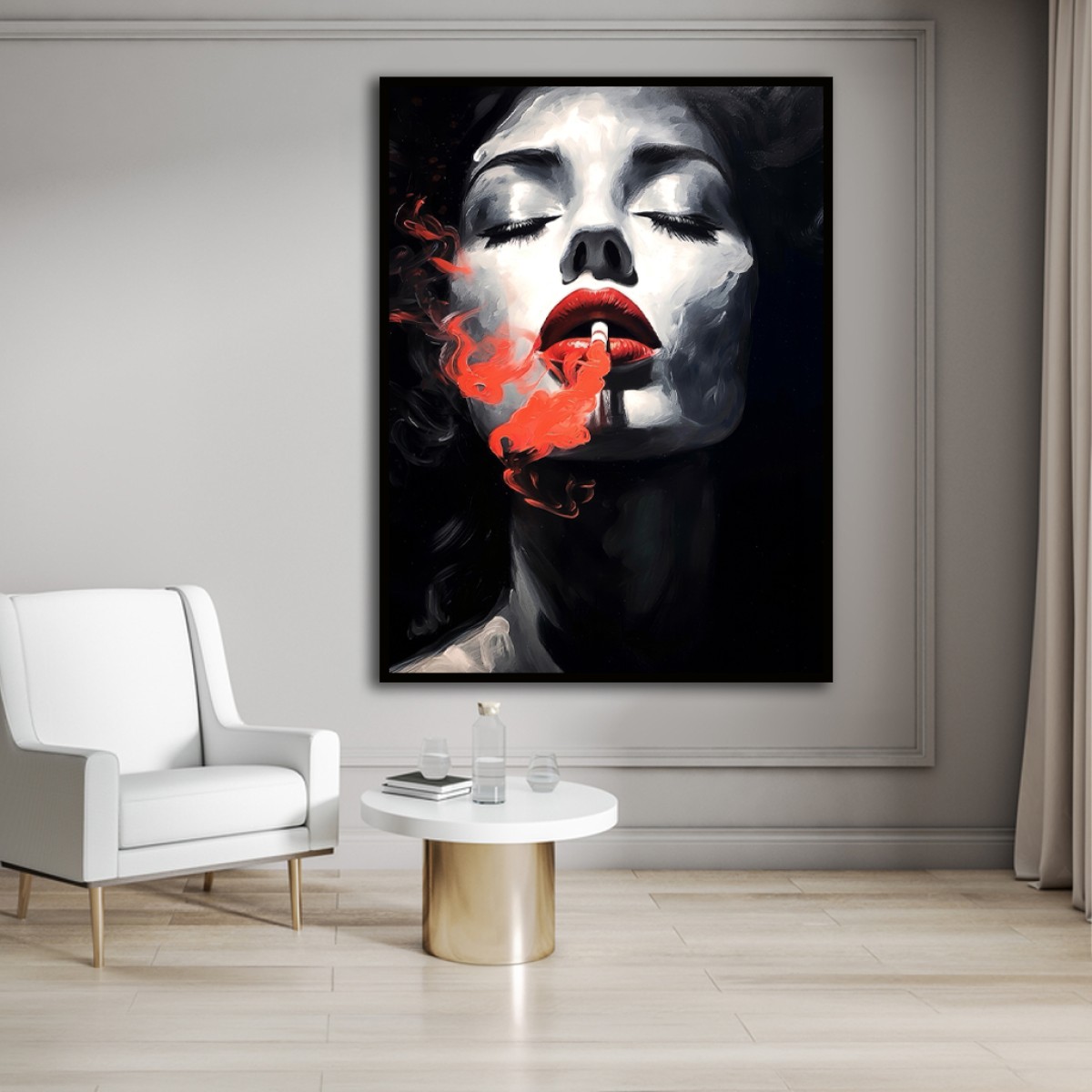 Edgy Noir Black & White Woman with Red Smoke Canvas Art