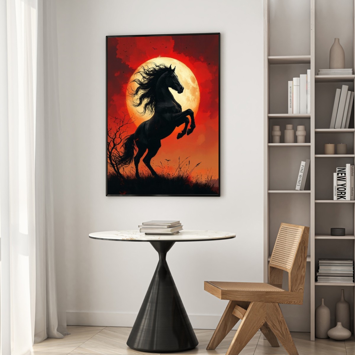 Dramatic Rearing Black Horse Silhouette Canvas Art - Red Moon Backdrop