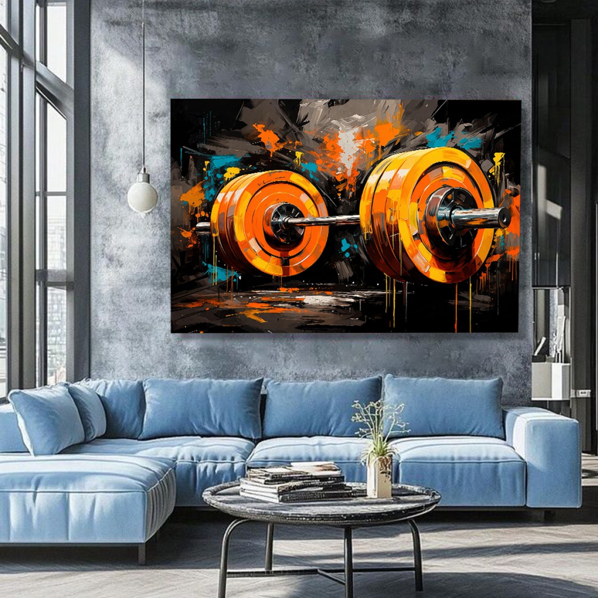 Abstract Neon Orange Barbell Fitness Canvas Art